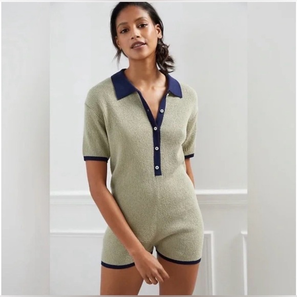 Anthropologie Pants - Anthropologie Saturday Sunday Ribbed Knit Romper Jumsuit Polo XS navy and olive